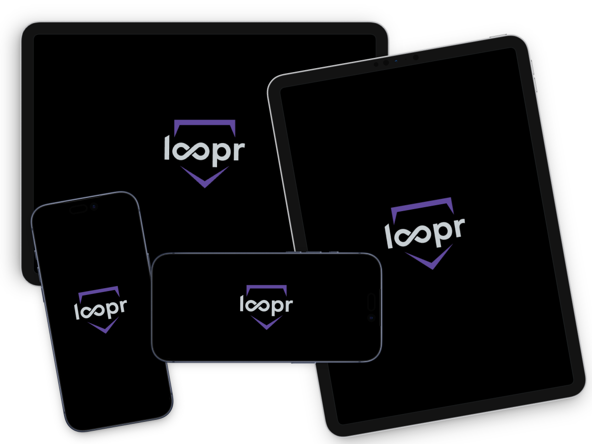 Loopr instant replay app shown on iPhone and iPad side by side on a baseball field